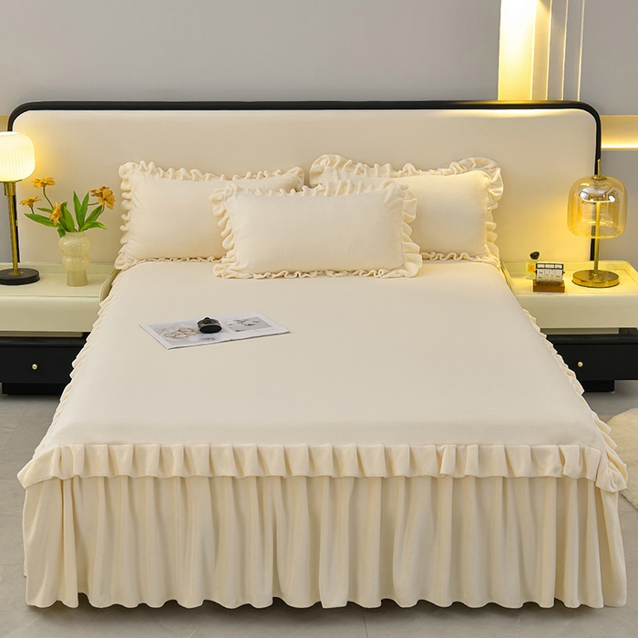 优家居 2025新款纯色韩版花边牛奶绒床裙床罩加厚直播外贸可定做 盛世-米白