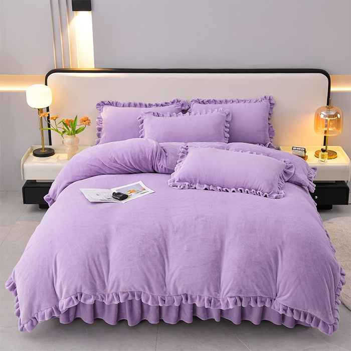 91家纺网 家纺一手货源 找家纺 优家居 2025新款纯色韩版花边牛奶绒床裙床罩加厚直播外贸可定做 盛世-魅紫