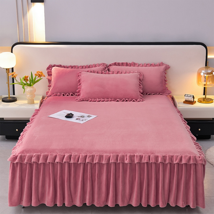 优家居 2025新款纯色韩版花边牛奶绒床裙床罩加厚直播外贸可定做 盛世-豆沙