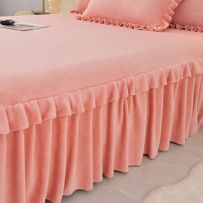 91家纺网 家纺一手货源 找家纺 优家居 2025新款纯色韩版花边牛奶绒床裙床罩加厚直播外贸可定做 盛世-粉玉