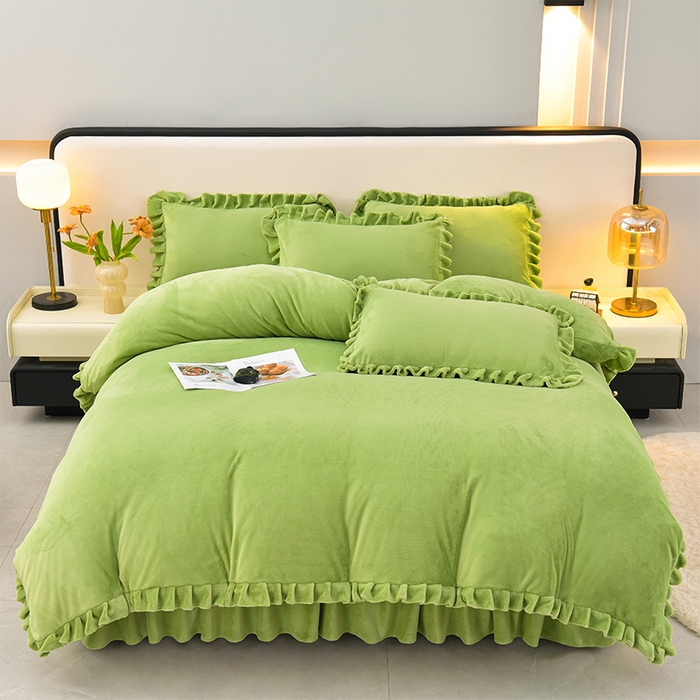 91家纺网 家纺一手货源 找家纺 优家居 2025新款纯色韩版花边牛奶绒床裙床罩加厚直播外贸可定做 盛世-翠绿