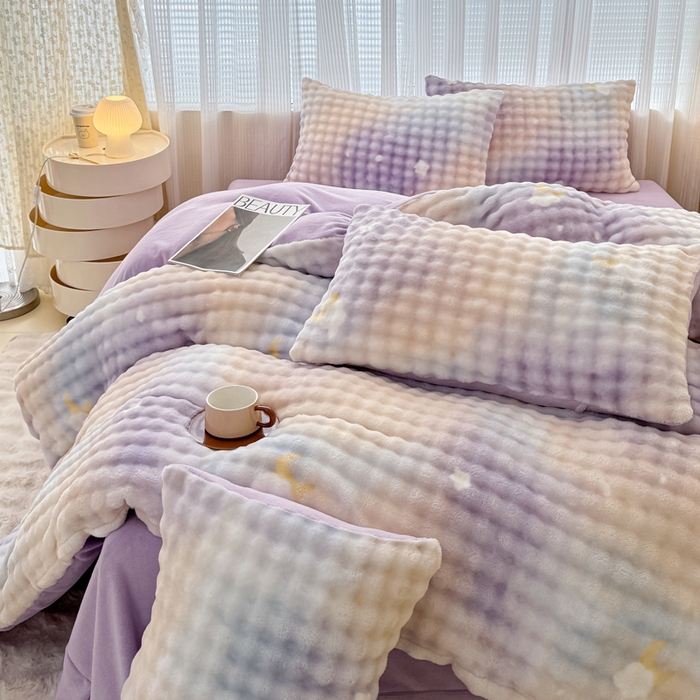 91家纺网 家纺一手货源 找家纺 小叮当家纺仓储工厂店 2025新款印花兔兔绒牛奶绒大泡泡四件套 大泡泡-星空