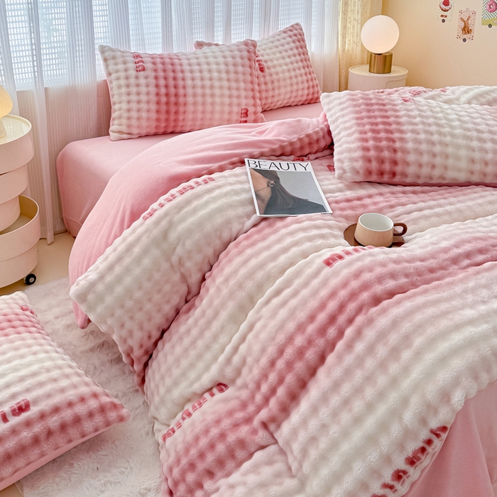 小叮当家纺仓储工厂店 2025新款印花兔兔绒牛奶绒大泡泡四件套 大泡泡-时尚粉