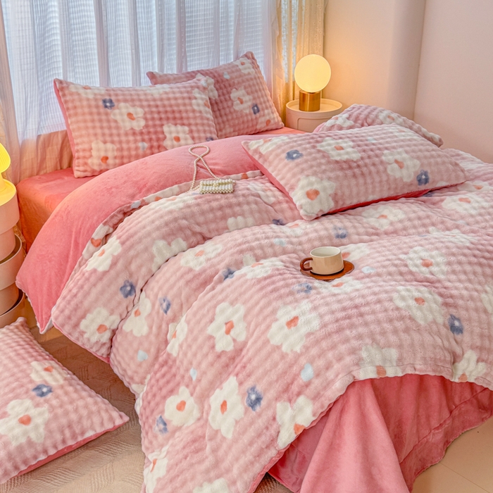 小叮当家纺仓储工厂店 2025新款印花兔兔绒牛奶绒大泡泡四件套 大泡泡-花朵粉
