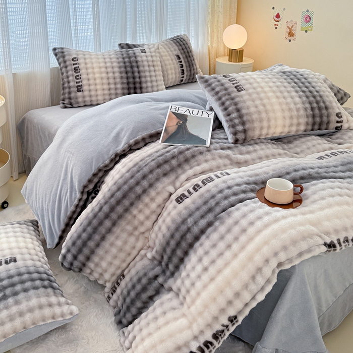 小叮当家纺仓储工厂店 2025新款印花兔兔绒牛奶绒大泡泡四件套 大泡泡-时尚灰