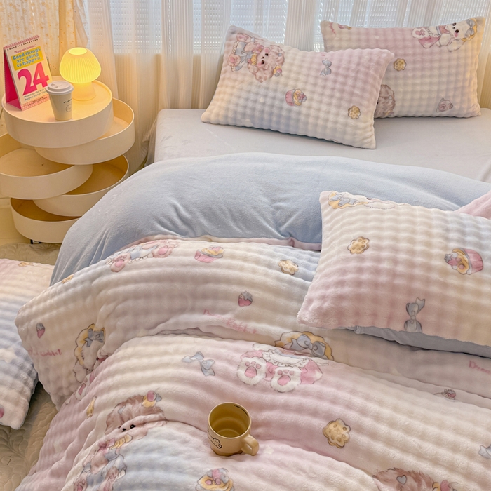 91家纺网 家纺一手货源 找家纺 小叮当家纺仓储工厂店 2025新款印花兔兔绒牛奶绒大泡泡四件套 洛丽塔