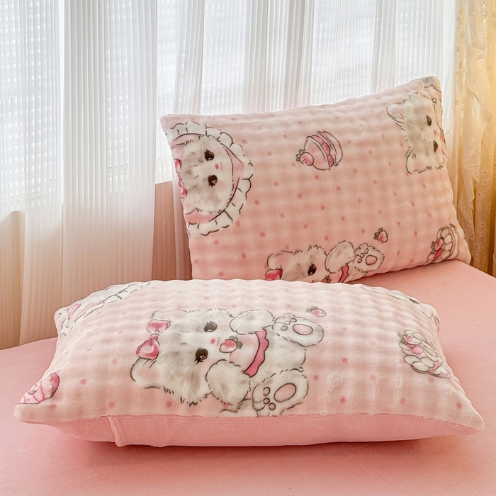 91家纺网 家纺一手货源 找家纺 小叮当家纺仓储工厂店 2025新款印花兔兔绒牛奶绒大泡泡四件套 甜心小猫