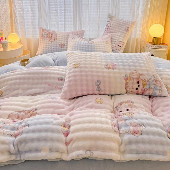 91家纺网 家纺一手货源 找家纺 小叮当家纺仓储工厂店 2025新款印花兔兔绒牛奶绒大泡泡四件套 洛丽塔