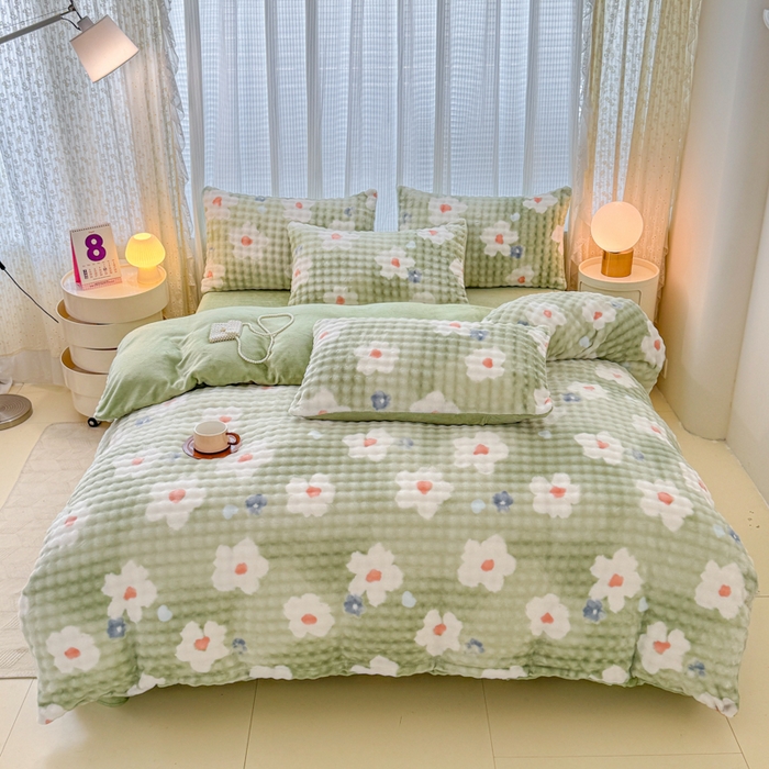 91家纺网 家纺一手货源 找家纺 小叮当家纺仓储工厂店 2025新款印花兔兔绒牛奶绒大泡泡四件套 大泡泡-花朵绿