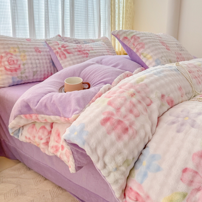 91家纺网 家纺一手货源 找家纺 小叮当家纺仓储工厂店 2025新款印花兔兔绒牛奶绒大泡泡四件套 大泡泡-花语