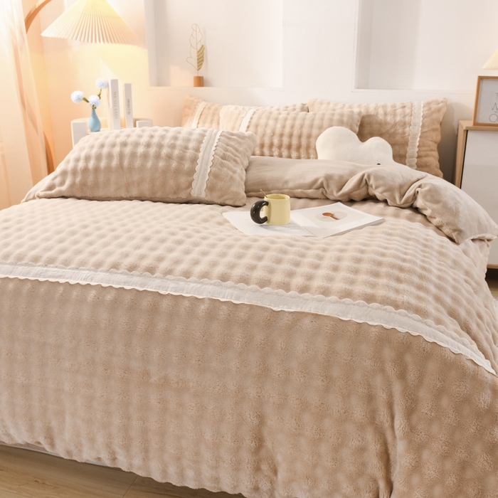 91家纺网 家纺一手货源 找家纺 米瑞娜 2025新款泡泡绒四件套 泡泡-卡其