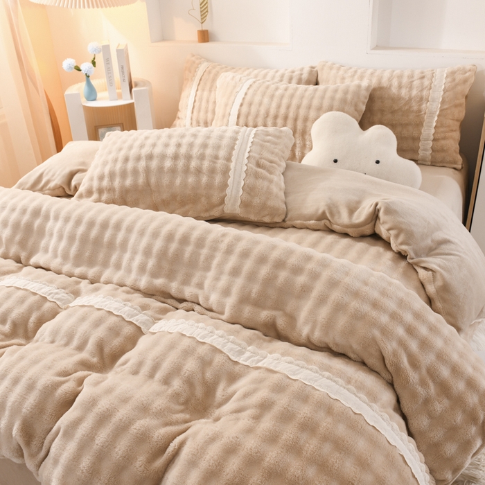 91家纺网 家纺一手货源 找家纺 米瑞娜 2025新款泡泡绒四件套 泡泡-卡其