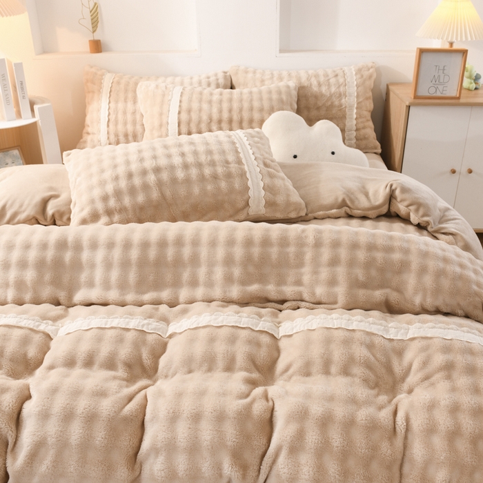 91家纺网 家纺一手货源 找家纺 米瑞娜 2025新款泡泡绒四件套 泡泡-卡其