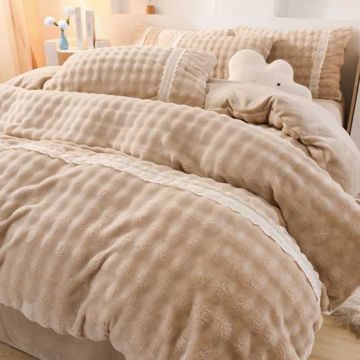 91家纺网 家纺一手货源 找家纺 米瑞娜 2025新款泡泡绒四件套 泡泡-卡其