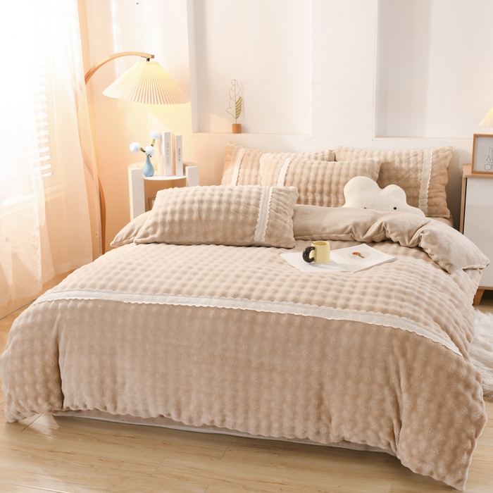 91家纺网 家纺一手货源 找家纺 米瑞娜 2025新款泡泡绒四件套 泡泡-卡其