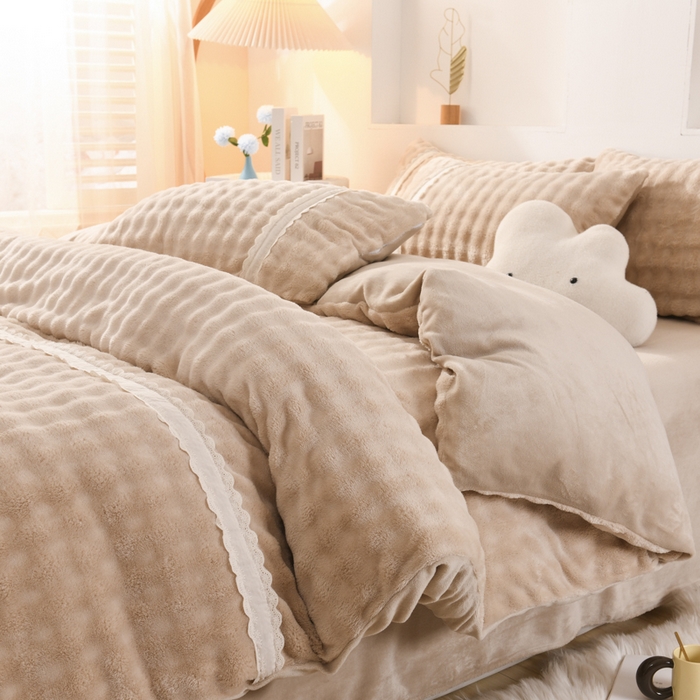 91家纺网 家纺一手货源 找家纺 米瑞娜 2025新款泡泡绒四件套 泡泡-卡其