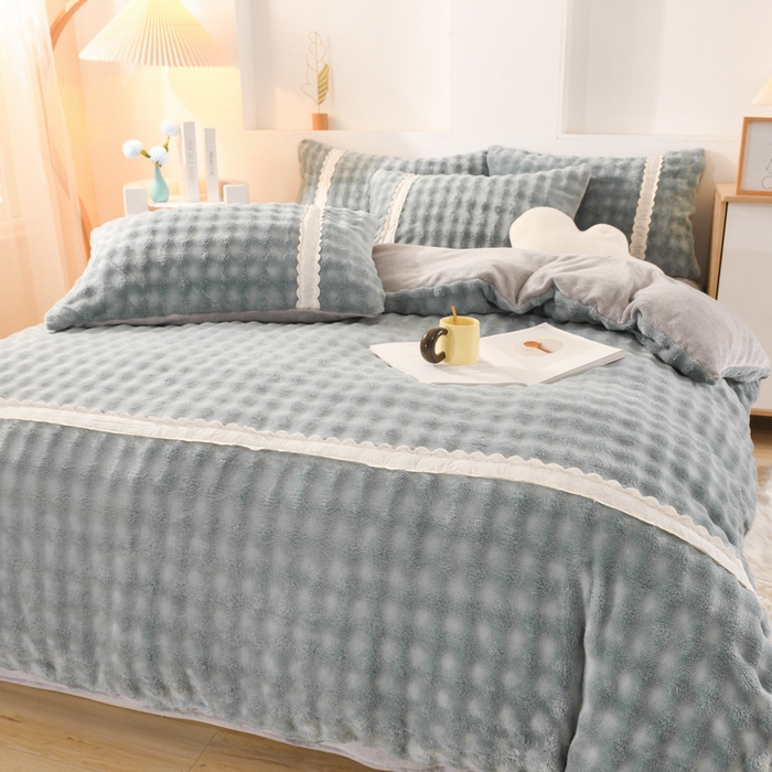 91家纺网 家纺一手货源 找家纺 米瑞娜 2025新款泡泡绒四件套 泡泡-绿灰