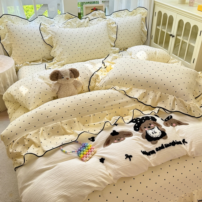 91家纺网 家纺一手货源 找家纺 （总）麋兔 2025新款双层纱毛巾绣花边四件套