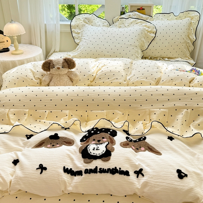 91家纺网 家纺一手货源 找家纺 （总）麋兔 2025新款双层纱毛巾绣花边四件套