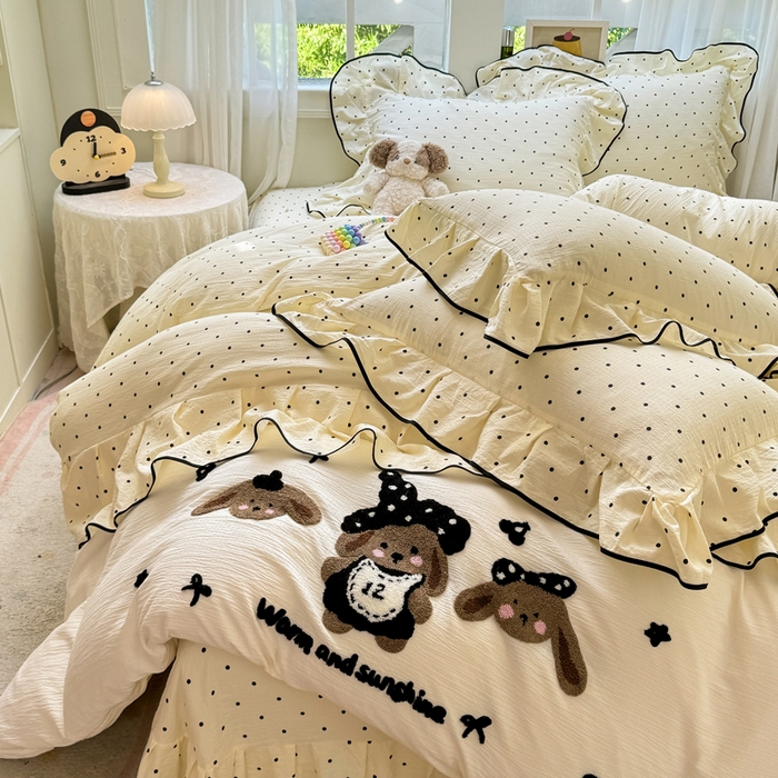 91家纺网 家纺一手货源 找家纺 （总）麋兔 2025新款双层纱毛巾绣花边四件套