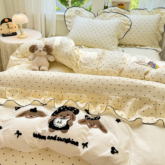 91家纺网 家纺一手货源 找家纺 （总）麋兔 2025新款双层纱毛巾绣花边四件套