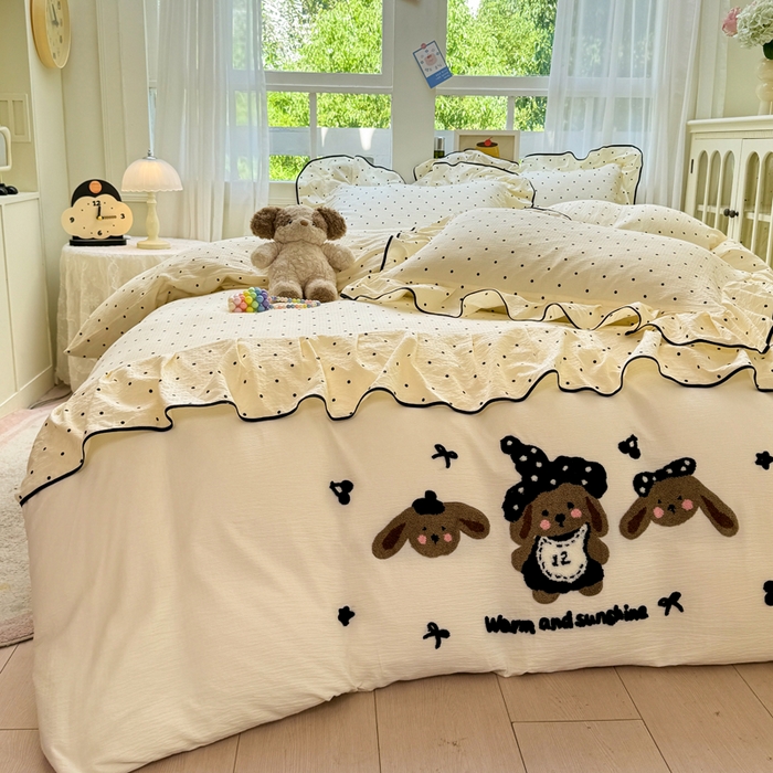 91家纺网 家纺一手货源 找家纺 （总）麋兔 2025新款双层纱毛巾绣花边四件套