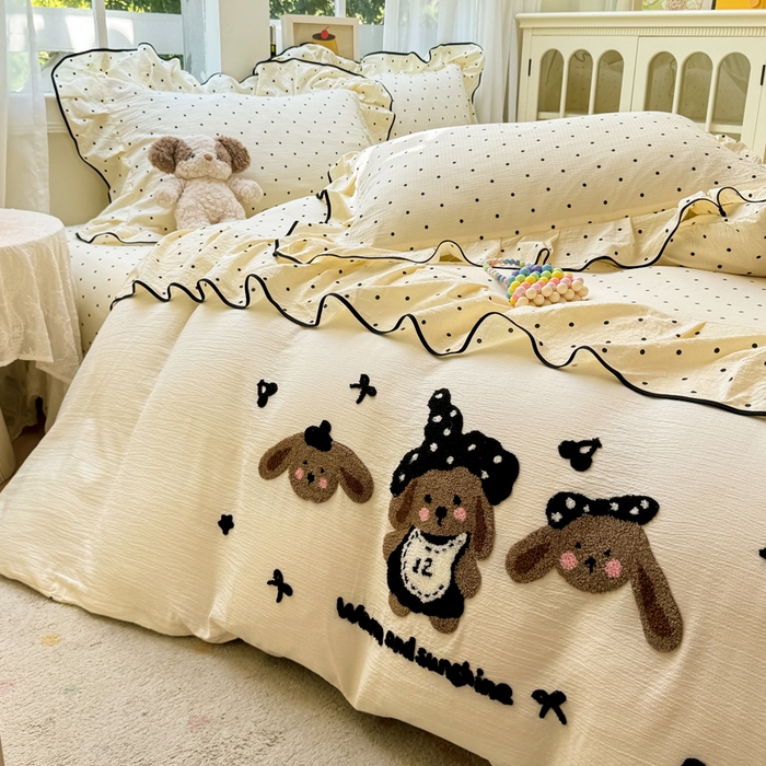 91家纺网 家纺一手货源 找家纺 （总）麋兔 2025新款双层纱毛巾绣花边四件套