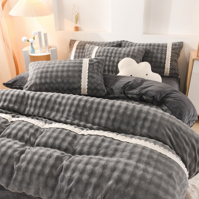 91家纺网 家纺一手货源 找家纺 米瑞娜 2025新款泡泡绒四件套 泡泡-深灰