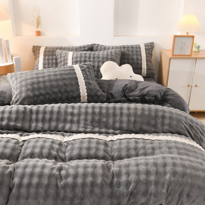 91家纺网 家纺一手货源 找家纺 米瑞娜 2025新款泡泡绒四件套 泡泡-深灰