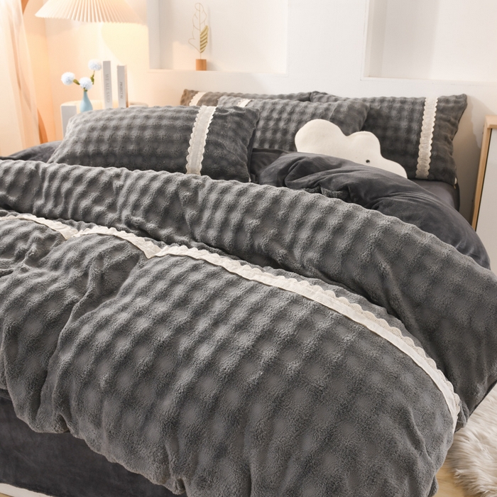 91家纺网 家纺一手货源 找家纺 米瑞娜 2025新款泡泡绒四件套 泡泡-深灰
