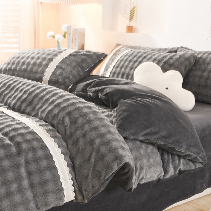 91家纺网 家纺一手货源 找家纺 米瑞娜 2025新款泡泡绒四件套 泡泡-深灰