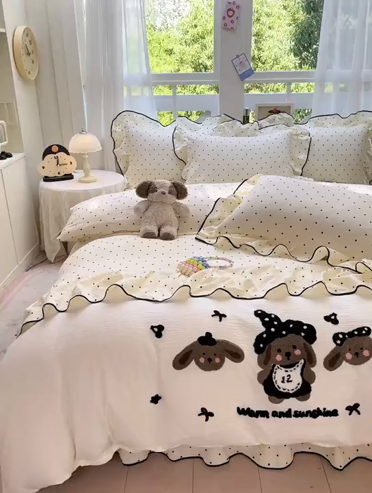 91家纺网 家纺一手货源 找家纺 （总）麋兔 2025新款双层纱毛巾绣花边四件套