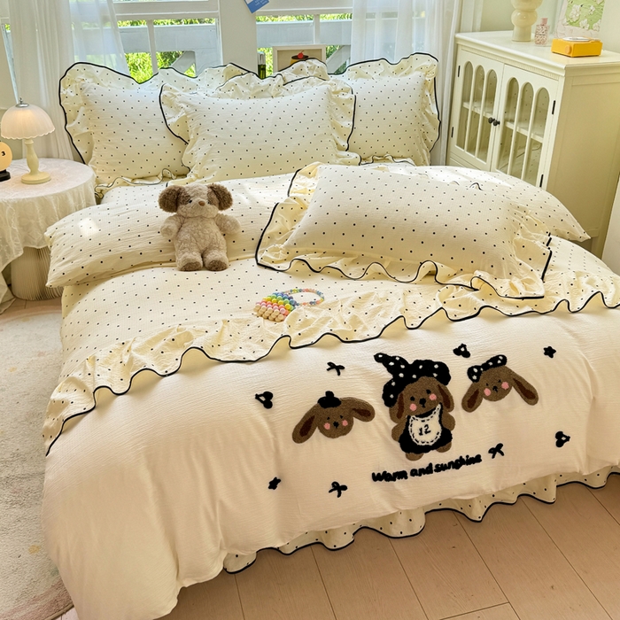 麋兔 2025新款双层纱毛巾绣花边四件套 巴克兔