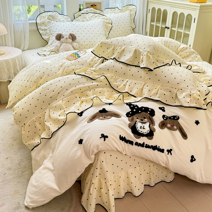 91家纺网 家纺一手货源 找家纺 麋兔 2025新款双层纱毛巾绣花边四件套 巴克兔