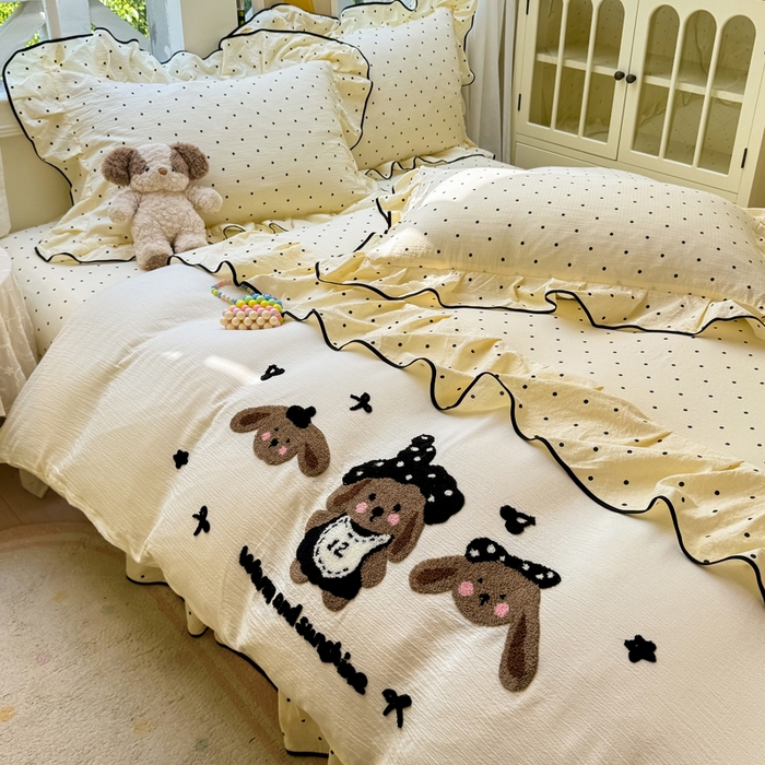 91家纺网 家纺一手货源 找家纺 麋兔 2025新款双层纱毛巾绣花边四件套 巴克兔