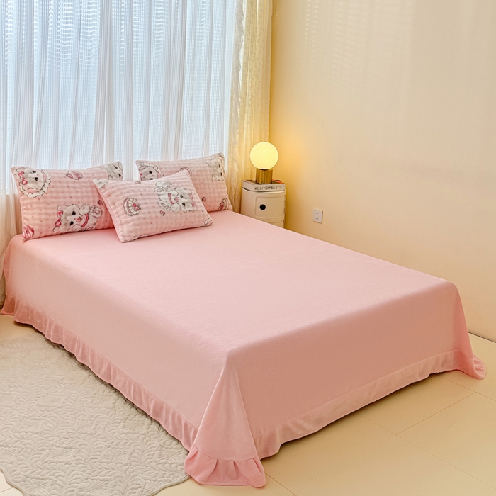 91家纺网 家纺一手货源 找家纺 小叮当家纺仓储工厂店 2025新款印花兔兔绒牛奶绒大泡泡四件套 甜心小猫