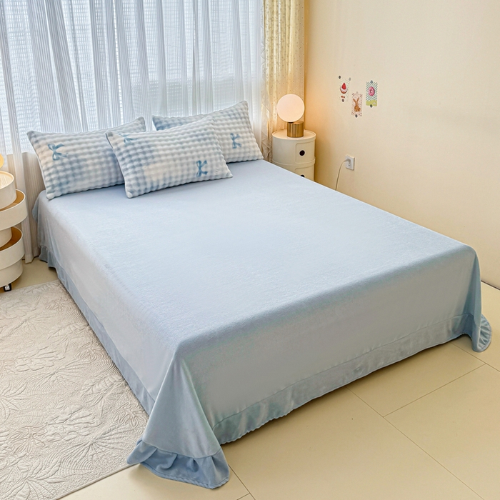 91家纺网 家纺一手货源 找家纺 小叮当家纺仓储工厂店 2025新款印花兔兔绒牛奶绒大泡泡四件套 大泡泡-蝴蝶结蓝色