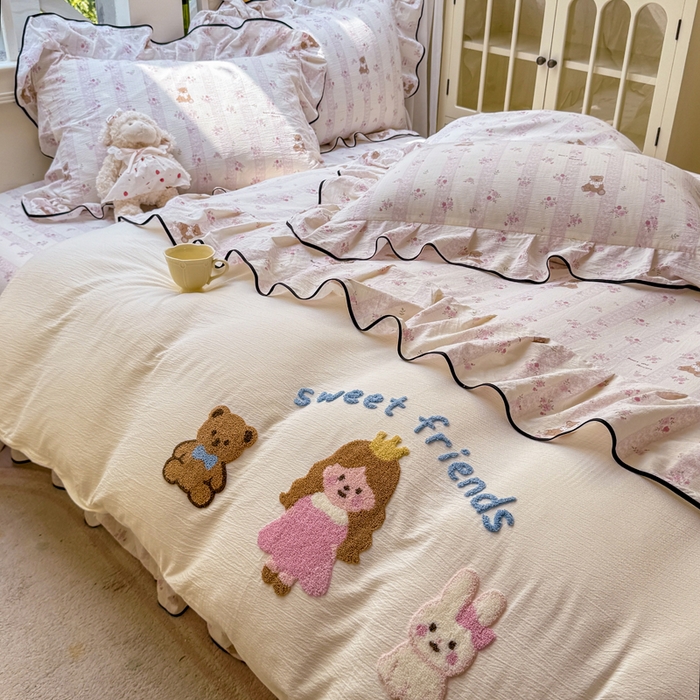 91家纺网 家纺一手货源 找家纺 麋兔 2025新款双层纱毛巾绣花边四件套 欢乐公主