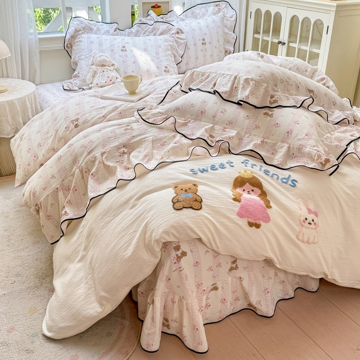 91家纺网 家纺一手货源 找家纺 麋兔 2025新款双层纱毛巾绣花边四件套 欢乐公主