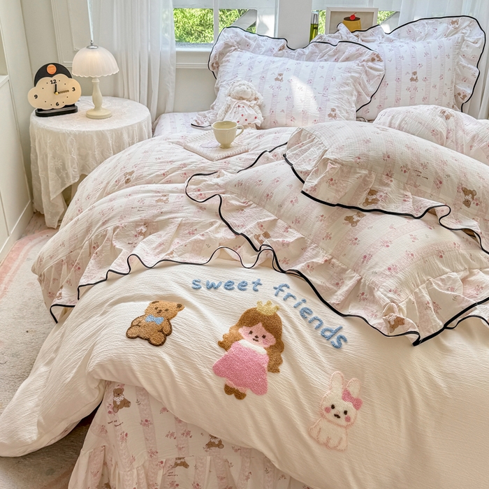 91家纺网 家纺一手货源 找家纺 麋兔 2025新款双层纱毛巾绣花边四件套 欢乐公主