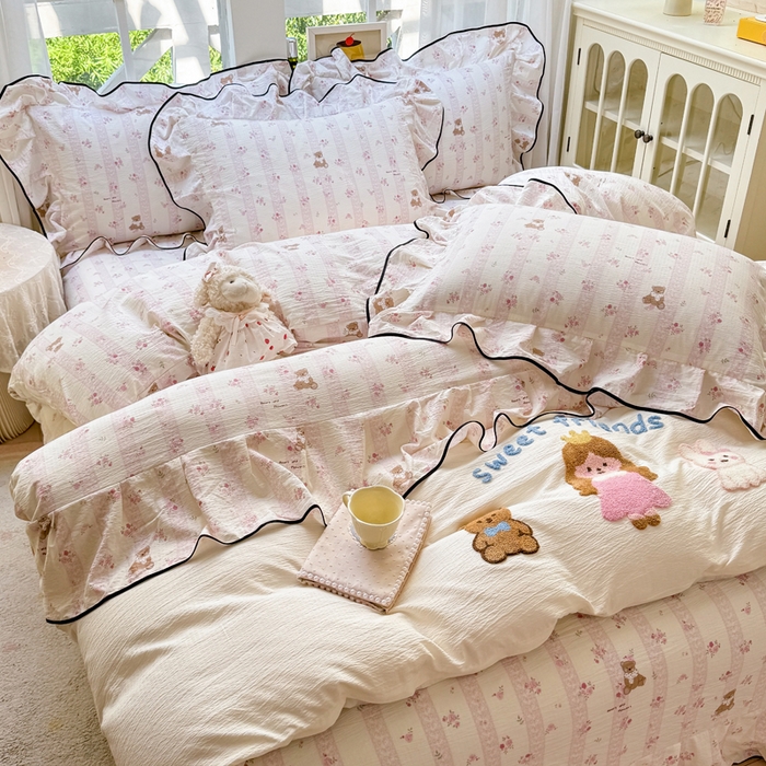 91家纺网 家纺一手货源 找家纺 麋兔 2025新款双层纱毛巾绣花边四件套 欢乐公主