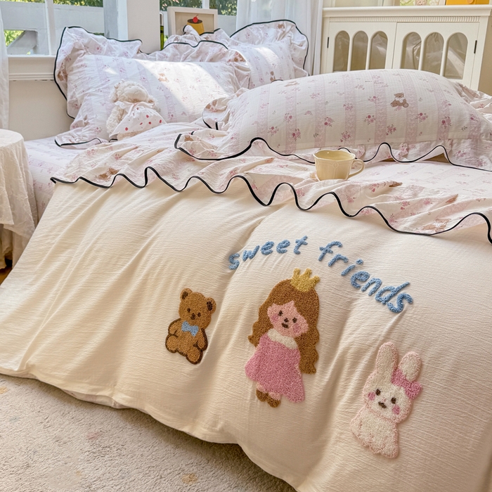 91家纺网 家纺一手货源 找家纺 麋兔 2025新款双层纱毛巾绣花边四件套 欢乐公主