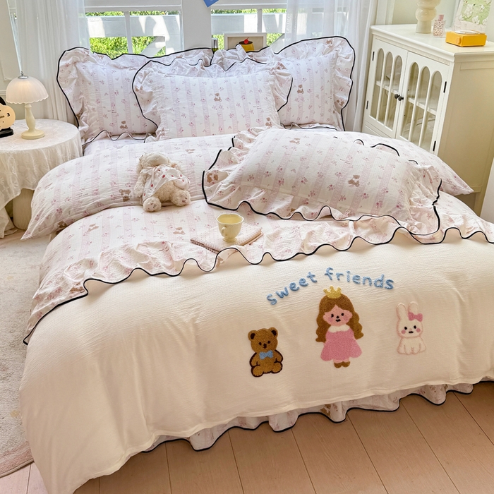 麋兔 2025新款双层纱毛巾绣花边四件套 欢乐公主