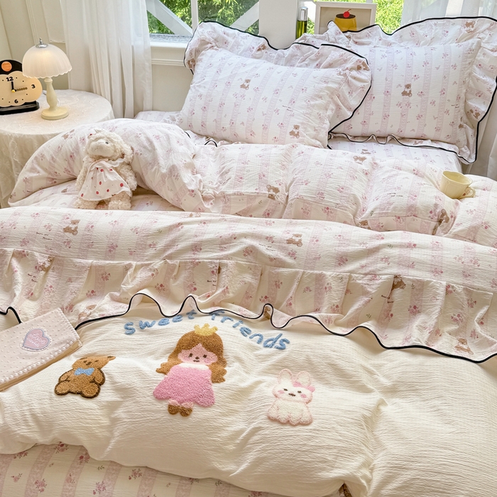 91家纺网 家纺一手货源 找家纺 麋兔 2025新款双层纱毛巾绣花边四件套 欢乐公主