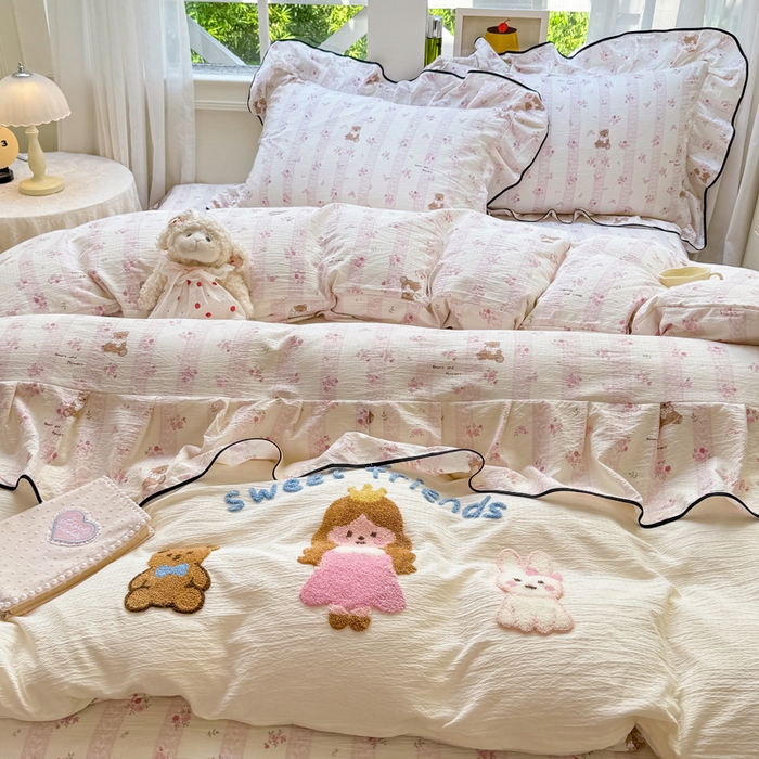 91家纺网 家纺一手货源 找家纺 麋兔 2025新款双层纱毛巾绣花边四件套 欢乐公主