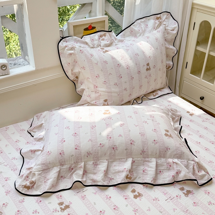 91家纺网 家纺一手货源 找家纺 麋兔 2025新款双层纱毛巾绣花边四件套 欢乐公主