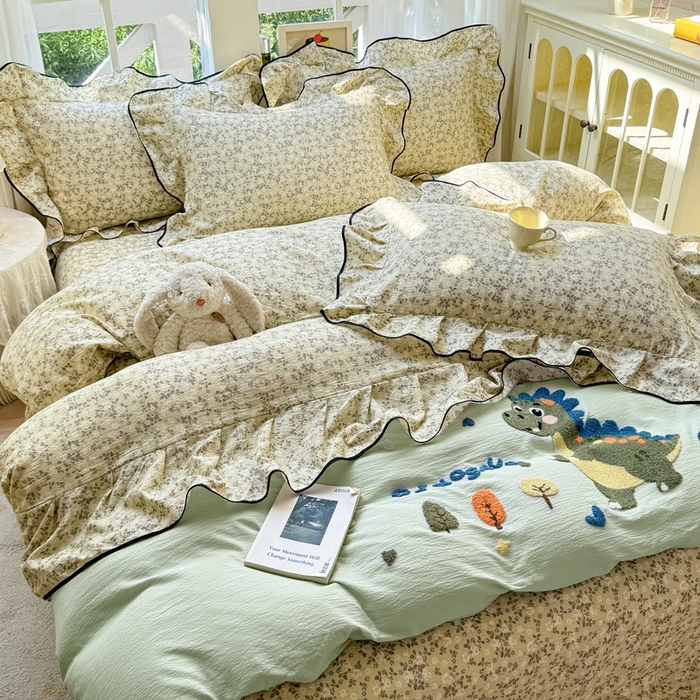 91家纺网 家纺一手货源 找家纺 麋兔 2025新款双层纱毛巾绣花边四件套 恐龙