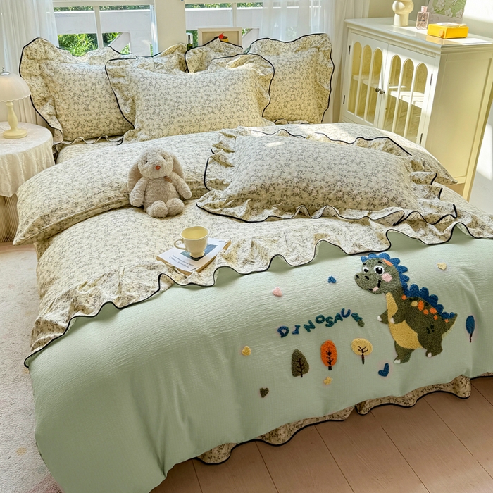 麋兔 2025新款双层纱毛巾绣花边四件套 恐龙