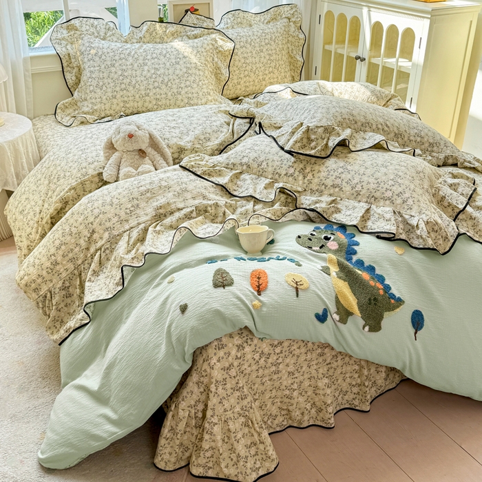 91家纺网 家纺一手货源 找家纺 麋兔 2025新款双层纱毛巾绣花边四件套 恐龙