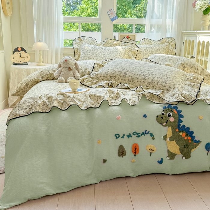 91家纺网 家纺一手货源 找家纺 麋兔 2025新款双层纱毛巾绣花边四件套 恐龙